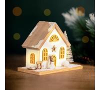 Marco Paul Christmas Wooden Light Up LED Village Scene House Pre lit Warm White Snow Flocked Christmas Tree Star Snowman Christmas Ornament Decoration Nordic Table Centrepiece Fireplace Xmas Gift 20cm