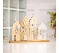 Marco Paul Wooden & Plush Christmas Village Scene Ornament - 33cm Freestanding ‘XMAS’ House Decoration - White & Gold Nordic Table Centrepiece, Mantel or Window Display Festive Home Décor