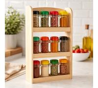 Marco Paul Wooden Spice Rack - 3 Tier Free Standing or Wall Mounted Spice Organiser - Holds 15 Jars - Kitchen Herb & Seasoning Storage Shelf - Pantry Cupboard Countertop Rack (Rubberwood, 42.5cm)