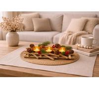 Marco Paul Wooden Triple Glass Tealight Holder - Decorative Table Centrepiece - Votive Candle Holders - Pine Style Table Decoration Fireplace, Home Decoration Tea Light Candle Holders