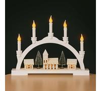 Marco Paul Wooden White Town Scene Christmas Candle Bridge with 5 Faux Candle Arch Christmas Decorations Village Scene LED Battery Operated Xmas Ornaments Table Window Decor