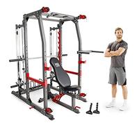 Marcy 3 in 1 Smith Machine Home Gym System with Upper and Lower Dual Cable Crossovers and Adjustable Bench for Full Body Training, Black