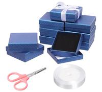 Mardatt 10Pcs Cardboard Jewelry Boxes, Square Jewelry Gift Boxes Velvet Sponge Liner with Scissors and Polyester Ribbon for Necklace Earring Bracelet - 3.5 x 3.5 x 1 Inch, Navy Blue