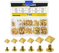 Mardatt 150Pcs 6 Sizes Gold Spike Rivet Pyramid Rapid Rivet Studs, 6mm 7mm 8mm 9mm 10mm 12mm Square Punk Spikes Pyramid Rapid Rivet Studs Nail Heads for DIY Leather Craft Decoration(Gold)