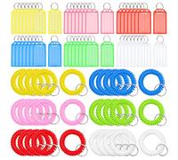 Mardatt 156Pcs 6 Colors Plastic Key Tags and Spiral Coil Wristband Bracelet with Split Rings, Key Labels Tags with Flap Label Window Key Identifiers for Key Chain Suitcase ID Luggage Tags
