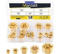 Mardatt 16Pcs 1/8" 1/4" 3/8" 1/2" 3/4" Brass NPT Plug Assortment Kit, Internal Hex Counter Sunk Pipe Fitting Male Thread Pipe Plug Set
