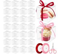 Mardatt 30Pcs 3x3x3in Clear Favor Boxes with Ribbons Scissor, Plastic Clear Boxes for Favors Transparent Cube Gift Boxes, Cupcake Boxes, Candy Boxes, Party Favor Boxes for Birthday Wedding