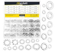 Mardatt 400Pcs 304 Stainless Steel Spring Lock Washer, 6# 8# 10# 1/4'' 5/16'' 3/8'' Internal & External Tooth Star and Split Lock Washers Flat Washer for Screws Bolts Retaining Clips Fastener, SAE