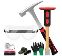 Mardatt 6Pcs Geology Rock Hammer and Chisel Kit, 32 oz. Rock Hammer & 12" Mason Chisel, Safety Glasses, Whistle, Jewelers Loupe 10X and Gloves, Rock Hounding Tools for Rock Hounding, Stone Breaking