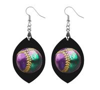 Mardi And Gras Color Baseball Artistic Wooden Earrings Pendant Vintage Earring Hooks Trendy Vacation Dangle Boho Eardrop Circular