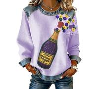 Mardi Gras Denim Patchwork Sweatshirt Women Long Sleeve Funny Beer Print Pullover Tops Ladies Fashion Carnival Party Clothes, Light Violet, M