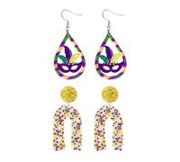 Mardi Gras Earrings for Women Dangle Colorful Acrylic Mardi Gras Earrings Fleur De Lis Mask Crown Earrings Carnival Earrings for Fat Tuesday Celebration Mardi Gras Parade Accessory Gifts, Medium