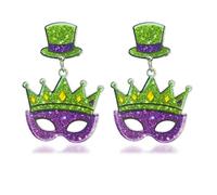 Mardi Gras Earrings for Women Mardi Gras Mask Crown Earrings Acrylic Carnival Earring Sparkle Carnival Accessory Jewelry for Women, Zinc, No Gemstone