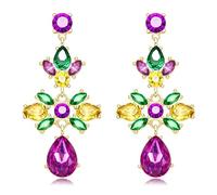 Mardi Gras Earrings for Women, Rhinestone Mardi Gras Accessory, Purple Green Gold Crystal Earrings Fat Tuesday Carnival Parade Party Jewelry Gifts, Zinc, crystal