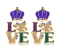 Mardi Gras Earrings Glitter Crystal Carnival Dangle Earrings for Women Purple Green Gold Earrings for Fat Tuesday Celebration, Mardi Gras Parade Accessory Gifts, L, Metal, No Gemstone