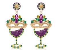 Mardi Gras Earrings Glitter Crystal Carnival Dangle Earrings for Women Purple Green Gold Earrings for Fat Tuesday Celebration, Mardi Gras Parade Accessory Gifts, L, Metal, No Gemstone