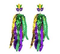 Mardi Gras Earrings Shiny Holiday Hoop Earrings Long Tassel Dangle Earrings for Women 2025 Carnival Earrings Parade Accessory Gifts, Zinc, No Gemstone