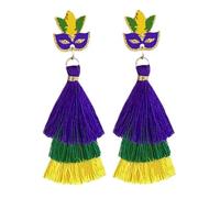 Mardi Gras Earrings Shiny Holiday Hoop Earrings Long Tassel Dangle Earrings for Women 2025 Carnival Earrings Parade Accessory Gifts, Zinc, No Gemstone