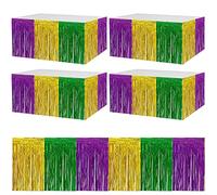 Mardi Gras Fringe Table Skirt, 4-pack 2.5x9 ft Gold Green Purple Splicing Foil Fringe Tinsel Metallic Table Skirts for Mardi Gras Party Decorations, Mardi Gras Backdrop, Table Decorations