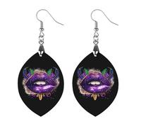 Mardi-Gras Glitter Lips Round Wooden Earrings Boho Drop Pendant Fashion Gifts for Women