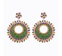 Mardi Gras Glitter Wreath Dangle Earrings Green Purple Gold Crystal-Encrusted Drop Earrings Festive Carnival Jewelry for Women