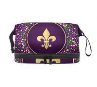 Mardi Gras Golden Glitter Fleur De Lis Double Layer Cosmetic Bag for Women and Girls, Travel Toiletry Bag Makeup Handy Pouch Organiser Bag with Brush Compartment