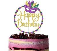 Mardi Gras Happy Birthday Cake Topper, Orleans Parade Anniversary Birthday Party Decorations, Fat Tuesday Themed Bday Decorations, Carnival Masquerade Bday Decor Purple & Gold & Green Glitter