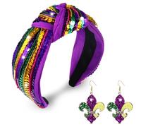 Mardi Gras Headband Purple Green Gold Sequin Wide Knotted Headband for Women Fleur De Lis Earrings Carnival Parade Fesitval Knot Head Band New Orleans Fat Tuesday Outfit Mardi Gras Accessories Gift