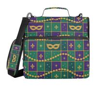 Mardi Gras Jazz-Fest Plaid 3 Rings 3.8cm Zipper Binder with Handle and Removable Shoulder Strap with Multiple Pockets, Portable Home Storage Bag, Travel