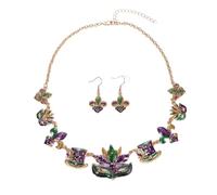 Mardi Gras Necklace Earrings Set for Women, Glitter Fleur De Lis Necklace Carnival Choker Collar Necklaces Jester Hat Dangle Earring Mardi Gras Accessory Parade Party Favors Gifts, Zinc, not know