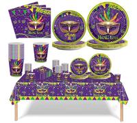 Mardi Gras Party Supplies Mardi Gras Party Tableware Set Mardi Gras Plates Napkins Cups Table Covers for Mardi Gras Birthday Baby Shower Masquerade New Orleans Party Decoration( Serves 16 Guests )