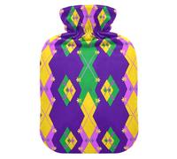 Mardi Gras Purple Green Yellow Diamonds hot-Water Bottle with Soft Cover, 1L hot Compress Bag for Period Cramps