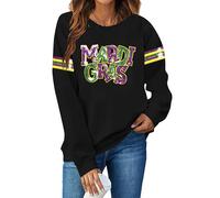 Mardi Gras Shirts for Women Carnival Sweatshirt Mardi Gras Sequin Sparkly Crewneck Long Sleeve New Orleans Party Tops, Black, XL