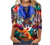 Mardi Gras Shirts Womens Tunic Tops Mask Graphic Ladies Long Jumpers Going Out Tops Long Sleeve T Shirt Party Carnival Outfit Dressy Tee Blouses Jumper Novelty Graphic Night Club Cocktail Blouse