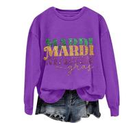 Mardi Gras Sweatshirt for Women Mardi Gras Letter Printed Funny Pullover Round Neck Costume Carnival Party Shirts Top Plus Size Party Night Elegant Holiday Dressy Blouses Cocktail Club (Purple, M)