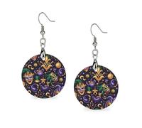 Mardi-Gras Themed Pattern Round Wooden Earrings Boho Drop Pendant Fashion Gifts for Women