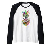 Mardi Gras White Pitbull Dog Mask and Bead Raglan Baseball Tee
