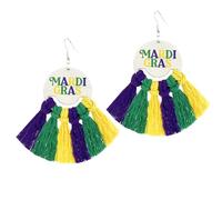 Mardi Gras Wooden Tassel Letters Drop Dangle Earrings Fleur De Lis Carnival Theme Statement Celebrate Bohemian Mask Hook Earrings for Women Jewelry, Wood, No Gemstone