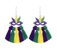 Mardi Gras Wooden Tassel Letters Drop Dangle Earrings Fleur De Lis Carnival Theme Statement Celebrate Bohemian Mask Hook Earrings for Women Jewelry, Wood, No Gemstone