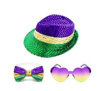 Mardi Grases Hat Bows Tie And Glasses Set Purple Green Hat Carnivals Party Circus Theme Party Accessories Hat Bows Tie And Glasses Set Mardi Grases Costume Accessories For Carnivals Party