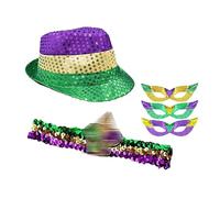 Mardi Grases Hat Set with Headband and Sunglasses Purple Gold Green Hat Round Cap Casual Basin Top Flash Sequined Headdress Party Decoration Carnival Props for Theme Party Birthday Dance