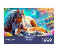 Mare And Foal Rest Amid Bright Flowers And A Waterfall 1000Pc Jigsaw Puzzle Horse Perfect for Family Puzzle Nights, Adults & Kids 70x50cm/1000pcs