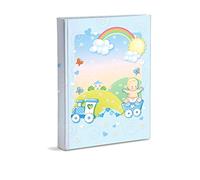 Mareli Baby Birth Photo Album with Diary, 23 x 30 cm, 56 White Pages and 4 Customizable in Thick and Durable Cardboard Intervaled with Pergamin, Light Blue Train