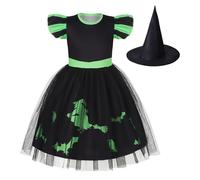 Marendyee Girls Halloween Costume Kids Witch Dress Up with Witches Hat for Little Girl Princess Green Stripes Dresses Birthday Party Cosplay Outfit World Book Day Costumes 4-5 Years