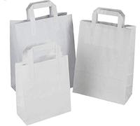 MARENT Pack of 100 White Kraft Paper Gift Bags with Flat Handles | Ideal for Gifts, Party, Shopping, Packaging, Wedding |21.5cm x 25.5cm x 11.5cm