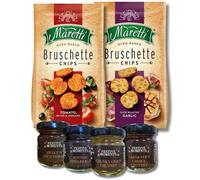 Maretti Bruschette Chips Snack Bundle with 4 Gourmet Chutneys - Tomato, Olive & Oregano + Slow Roasted Garlic Flavours with Mini Chutney Jar Selection - Festive Snack Set
