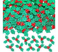 MARFOREVER 100Pcs Christmas Holly Berries Embellishments, Mini Triple Leaf Berry Sequins Fabric Leaf Confetti Artificial Holly Leaves Table Simulation Holly Berries for Card Wreath Crafts Making