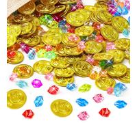 MARFOREVER 246 Pcs Pirate Treasure Gems and Gold Coins Plastic Gems Jewels Fake Pirate Gold Coins Pirate Party Decorations for Halloween Pirate Adventure Birthday Party Decor