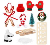 MARFOREVER Miniature Christmas Sleigh Decoration Set, 10-Piece Accessories with Ski Boots, Snowflakes, Reindeer Tracks, Knitted Hat and Snow Board - Decoration for Secret Santa House, Dollhouse and