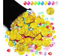 MARFOREVER Pirate Treasure Gold Coins Set, 60 Gold Coins and 150 Pirate Gemstones, Plastic, Gold Coin, Acrylic, Shiny Gemstones for Pirates, Decoration, Treasure Hunt, Children's Birthday Treasure